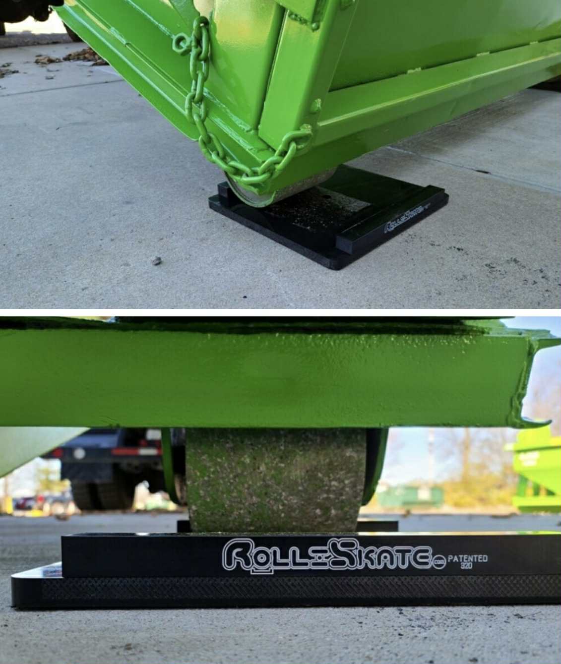 Rolli-Skates used under the dumpster to protect driveway surfaces
